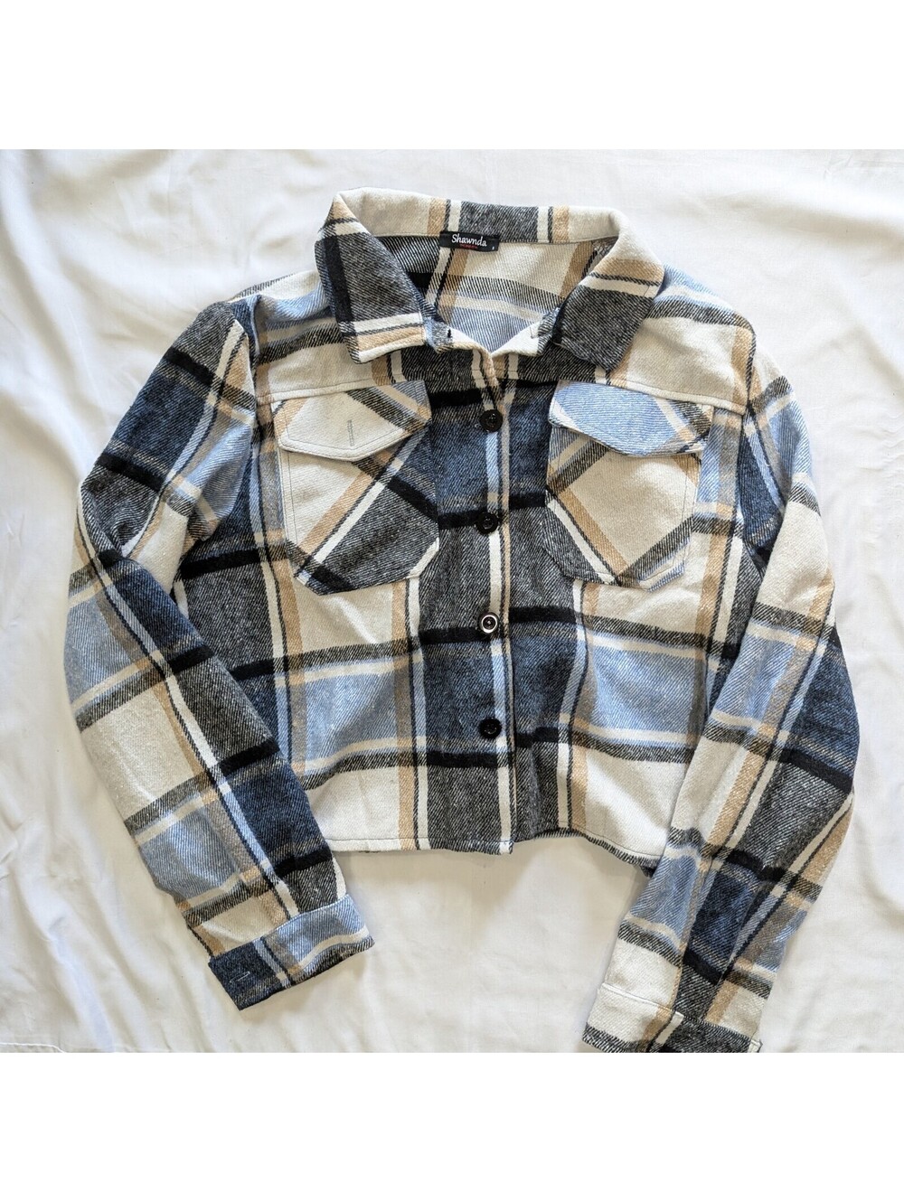 Shawnda Womens Cropped Plaid Flannel Shacket Jacket Small S Blue Tan Button Down - Picture 2 of 9